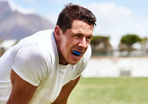 Man in white shirt exercising outdoors on grassy field, bent forward in athletic stance.