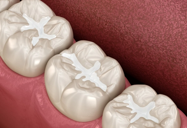 Three dental crowns displayed on pink background showing occlusal surfaces and restoration details.