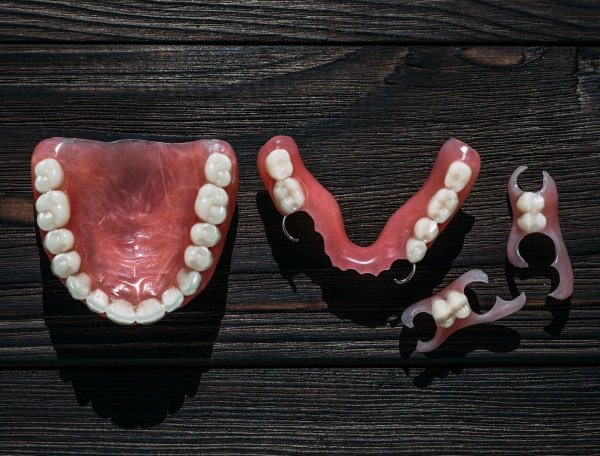 Dental models showing upper and lower teeth arrangements on dark wooden surface.