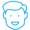 Blue line drawing of smiling boy's face with happy expression for dental practice.